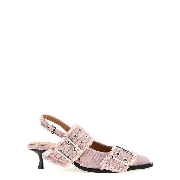 Ganni Women's Feminine Buckle Fringed Denim Slingback